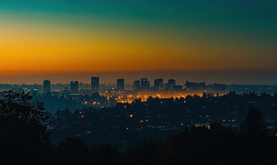 A serene city skyline at dusk, illuminated by city lights.