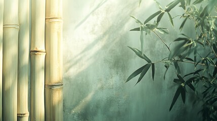 Bamboo stalks and leaves against a textured wall