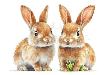 Obraz premium Two cute rabbits with fluffy fur, one nibbling on a leaf.