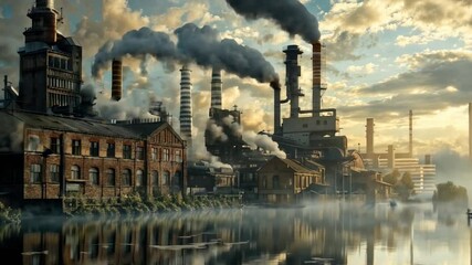 Industrial waterfront complex with brick buildings and tall chimneys reflecting in calm water during golden sunset, showcasing historical manufacturing architecture