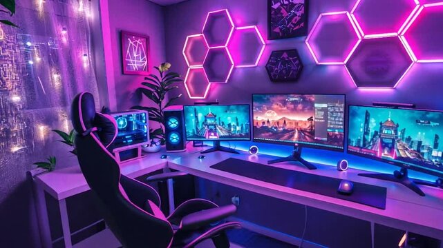 Vibrant gaming setup with neon-lit hexagonal wall panels. Multiple monitors display futuristic cityscapes and space scenes. RGB lighting creates an immersive cyberpunk atmosphere for high-tech enterta