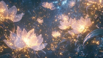 Obraz premium Glowing Mechanical Garden: Ethereal Night Scene 3D Render Digital Artwork