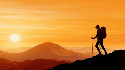 A hiker stands atop a mountain at sunset, silhouetted against a vibrant orange sky, embodying adventure and the beauty of nature.
