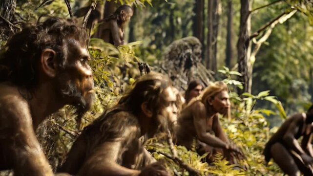 Primitive hominid group or society of prehistoric sapiens navigating the lush, verdant forest landscape of their natural habitat	