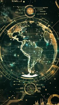 Animation of golden and green holographic Earth display highlighting South America, surrounded by cosmic elements and high-tech HUD interface with analytical data points and circular design elements.