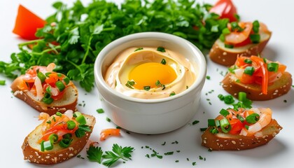 Creamy Aioli Dip with Fresh Herbs and Garnished Bites of Bread and Shrimp on White Background