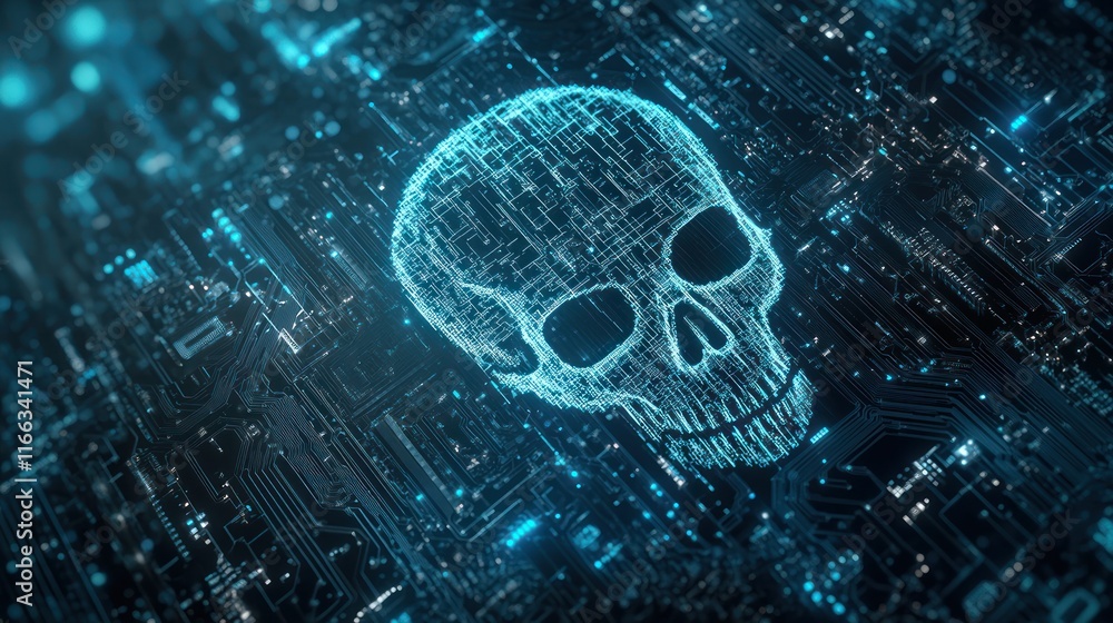 Poster digital skull on circuit board: cyber security threat and data vulnerability