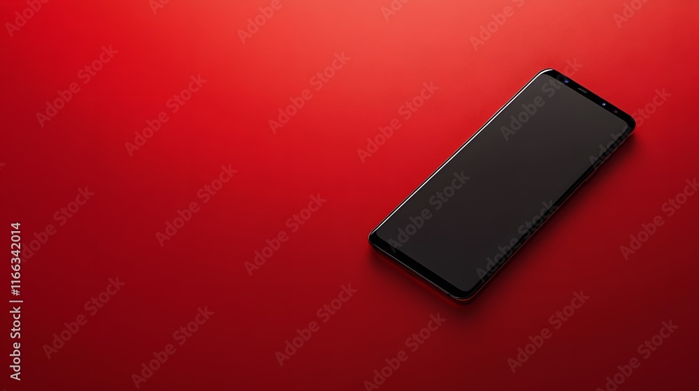 Poster modern smartphone on red background displaying blank screen