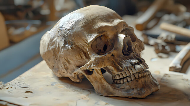 Human skull close-up, realistic 3d model. Etherwood. Illustration
