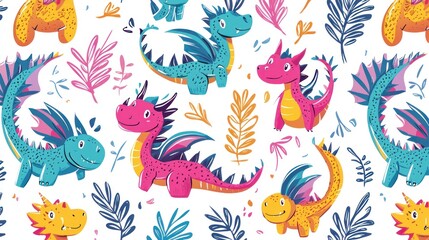 Naklejka premium Whimsical Colorful Dragons Pattern: A Delightful Repeat Design Featuring Playful Dragons and Tropical Leaves