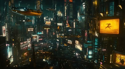 Fototapeta premium A vibrant, futuristic cityscape filled with neon lights, flying vehicles, and digital billboards.