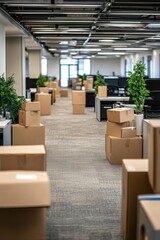 An office space filled with cardboard boxes and indoor plants.