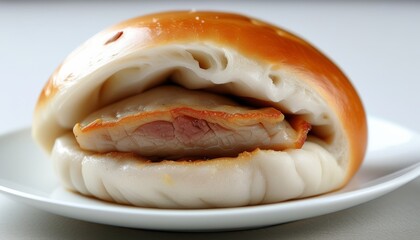 Steamed Pork Bun with Soft White Dough and Glazed Bun on a Plate