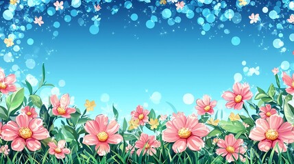 Pink flowers in a field with a blue sky background.