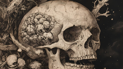 Detailed anatomical illustration of a human skull and surrounding structures. Etherwood. Illustration