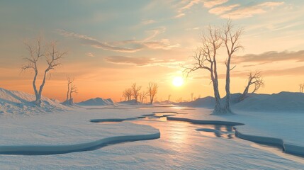 3D render depicting the impact of global warming on a glacier, emphasizing environmental concerns.