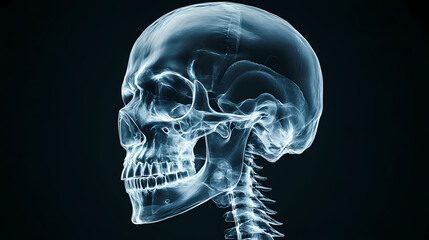 Detailed x-ray image of a human skull on a black background. Etherwood. Illustration