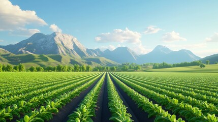 3D render of an agricultural field with crops growing under sunlight, showcasing farming and food production.