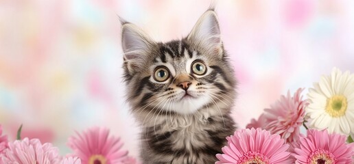A cute kitten surrounded by colorful flowers, exuding charm and joy.