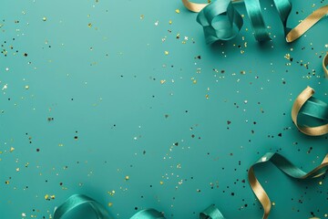 close up on group of gold color of rolling ribbon and confetti on teal background with copy space for happy new year