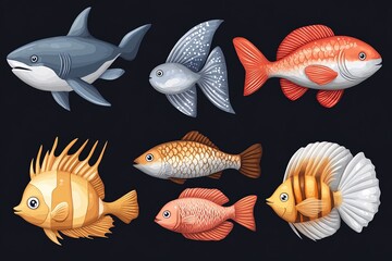 Fototapeta premium A collection of colorful fish illustrations on a dark background.