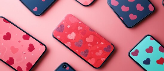 Multiple smartphones with heart pattern designs on pink background.