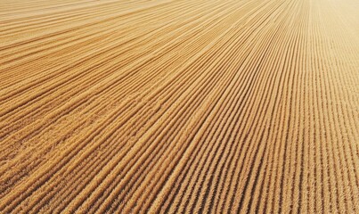 Fototapeta premium Aerial view of a golden agricultural field with patterned rows.