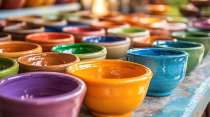 Colorful ceramic bowls displayed on a rustic table at a market.