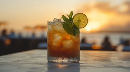 Iced cocktail with lime and mint at sunset.