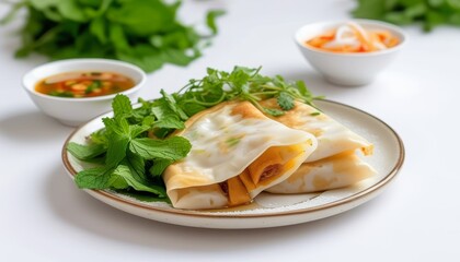 Delicious Vietnamese Banh Xeo Pancake Served with Fresh Herbs and Dipping Sauce