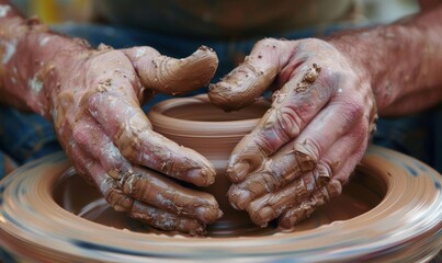 Hands shaping clay on a pottery wheel, creating a ceramic piece.