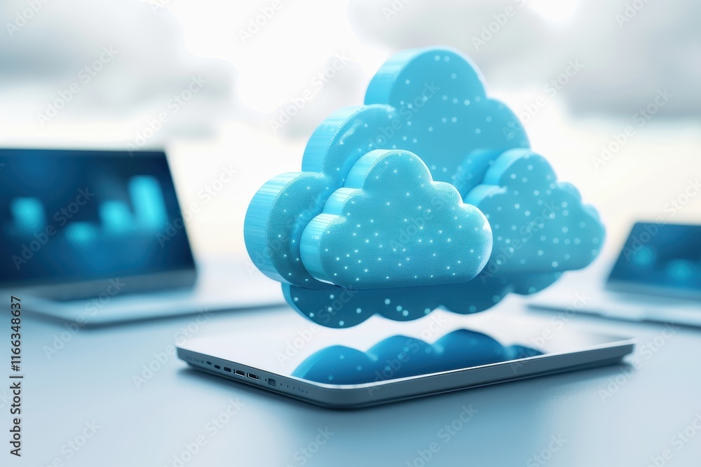 Poster a digital illustration of a blue cloud hovering above a smartphone, symbolizing cloud computing and 