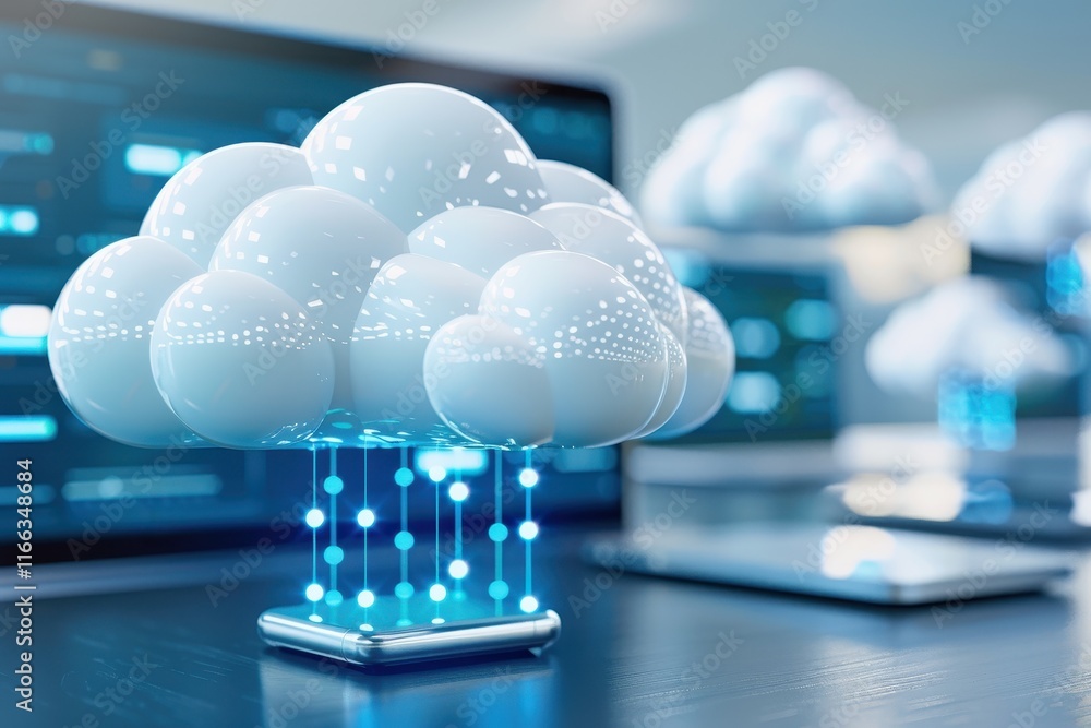 Poster a digital cloud concept displaying connectivity and data exchange, set against a modern tech backdro