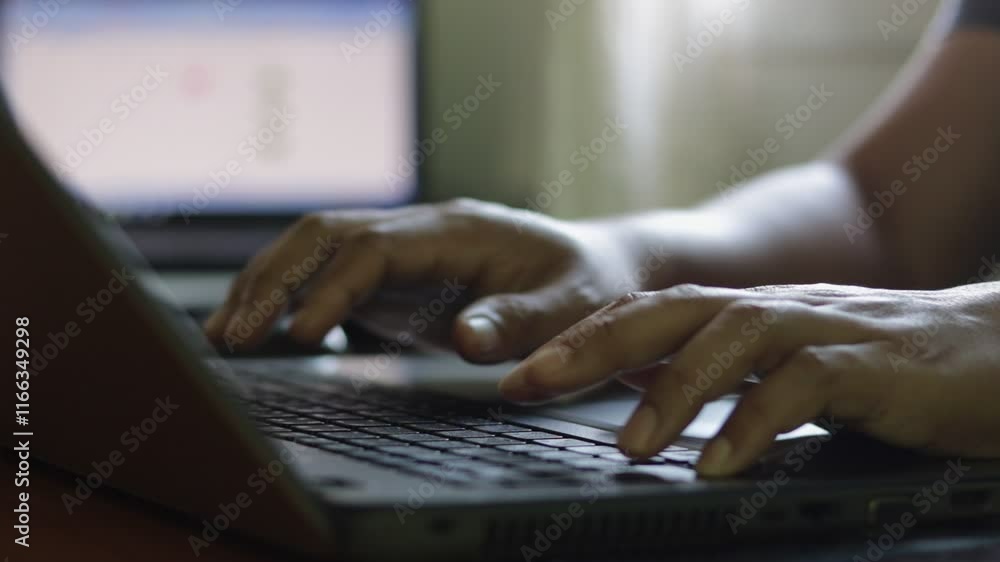 Poster Closeup of man hand typing on a laptop computer keyboard on a table at home office or workplace. Business information technology concept.