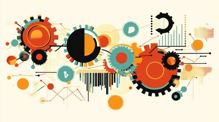Obraz premium Abstract illustration featuring gears, graphs, and circles in vibrant colors.