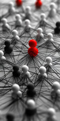 This image illustrates the concept of social networks, highlighting one red node among many black and white nodes, symbolizing influence, connection, and significance within a vast network.