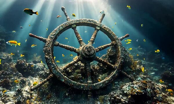 An underwater scene featuring a ship's wheel surrounded by colorful fish.