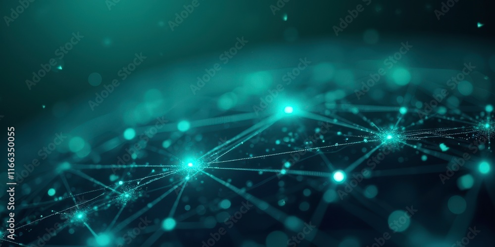 Poster Global Network: Abstract digital representation of a connected world, featuring glowing nodes and lines on a teal and blue background.  A powerful visual for concepts of connectivity.