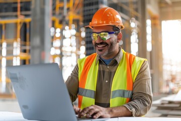 A construction worker in a hard hat and safety vest smiles while using a laptop on a site, showcasing modern construction technology and teamwork.