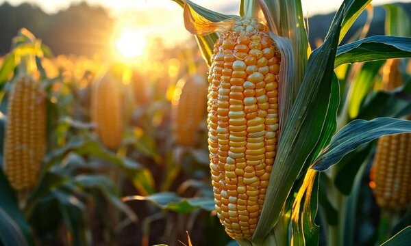 A close-up of ripe corn on the cob in a field during sunset.