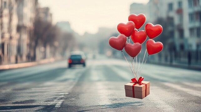 Heart-shaped balloons floating in the air tied to a gift box with red ribbon on empty street, blurred background with buildings, car moving away adding depth, perfect for romantic or festive occasions