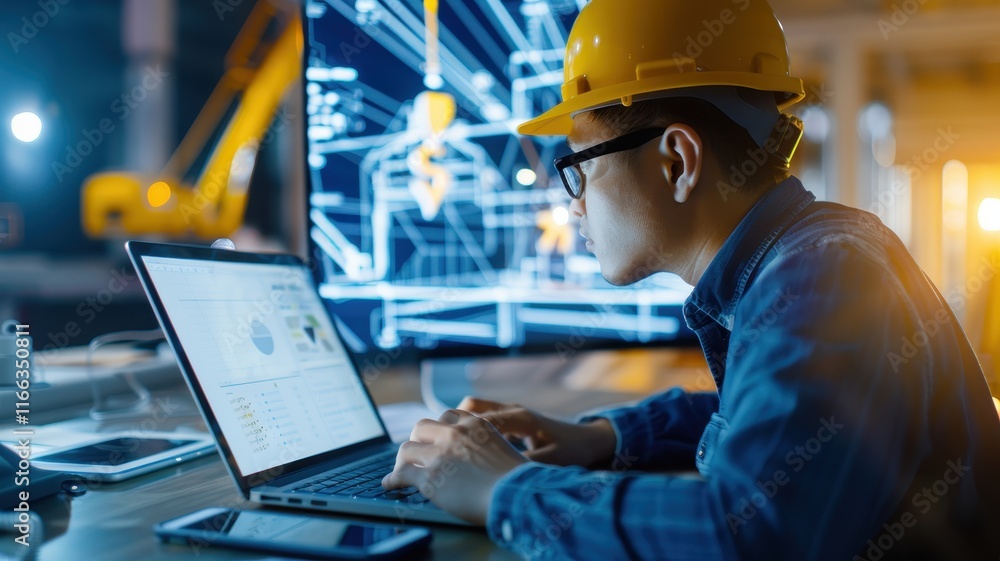 Poster a focused engineer in a hard hat works on a laptop, analyzing blueprints and designs with constructi