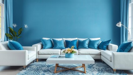 A stylish white and blue living room decorated with a cozy sofa, patterned rug, and accent pillows, comfortable, sofa