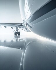 A close-up view of an aircraft on a polished floor in a hangar.