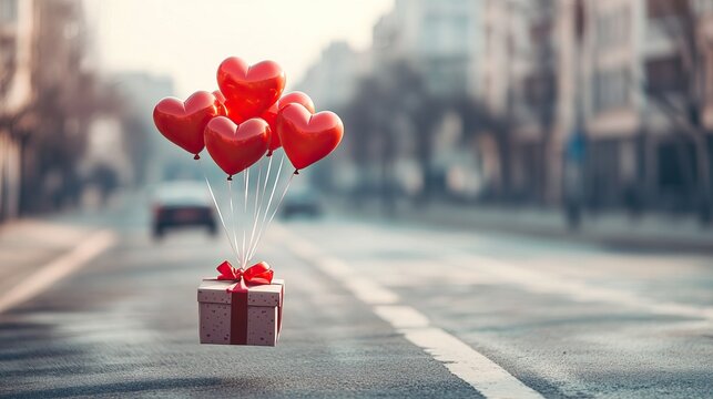 Heart-shaped balloons floating in the air tied to a gift box with red ribbon on empty street, blurred background with buildings, car moving away adding depth, perfect for romantic or festive occasions