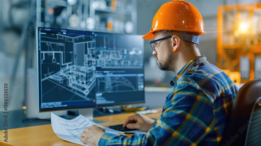 Poster a construction worker in a hard hat analyzes blueprints on a computer at a worksite, showcasing mode