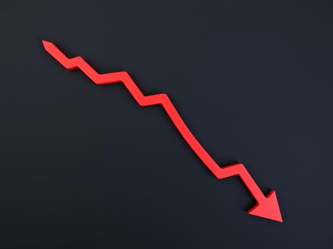 A stock photo featuring a declining stock bar chart with a falling red arrow indicating a decrease in value, market, data