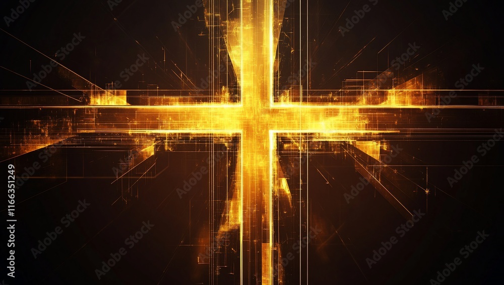 Poster a digital cross design radiating golden light and abstract patterns.