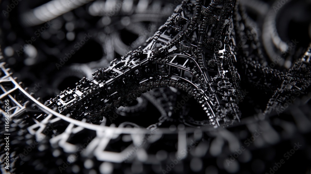 Poster abstract grayscale fractal art depicting intricate, interconnected metallic structures resembling ge