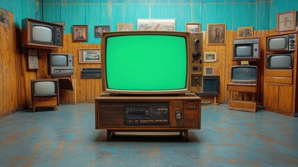 Vintage television room with retro screens.